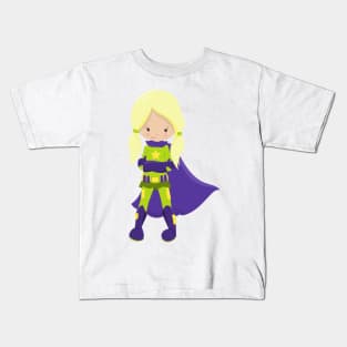 Superhero Girl, Blonde Hair, Hero, Purple Cape Kids T-Shirt